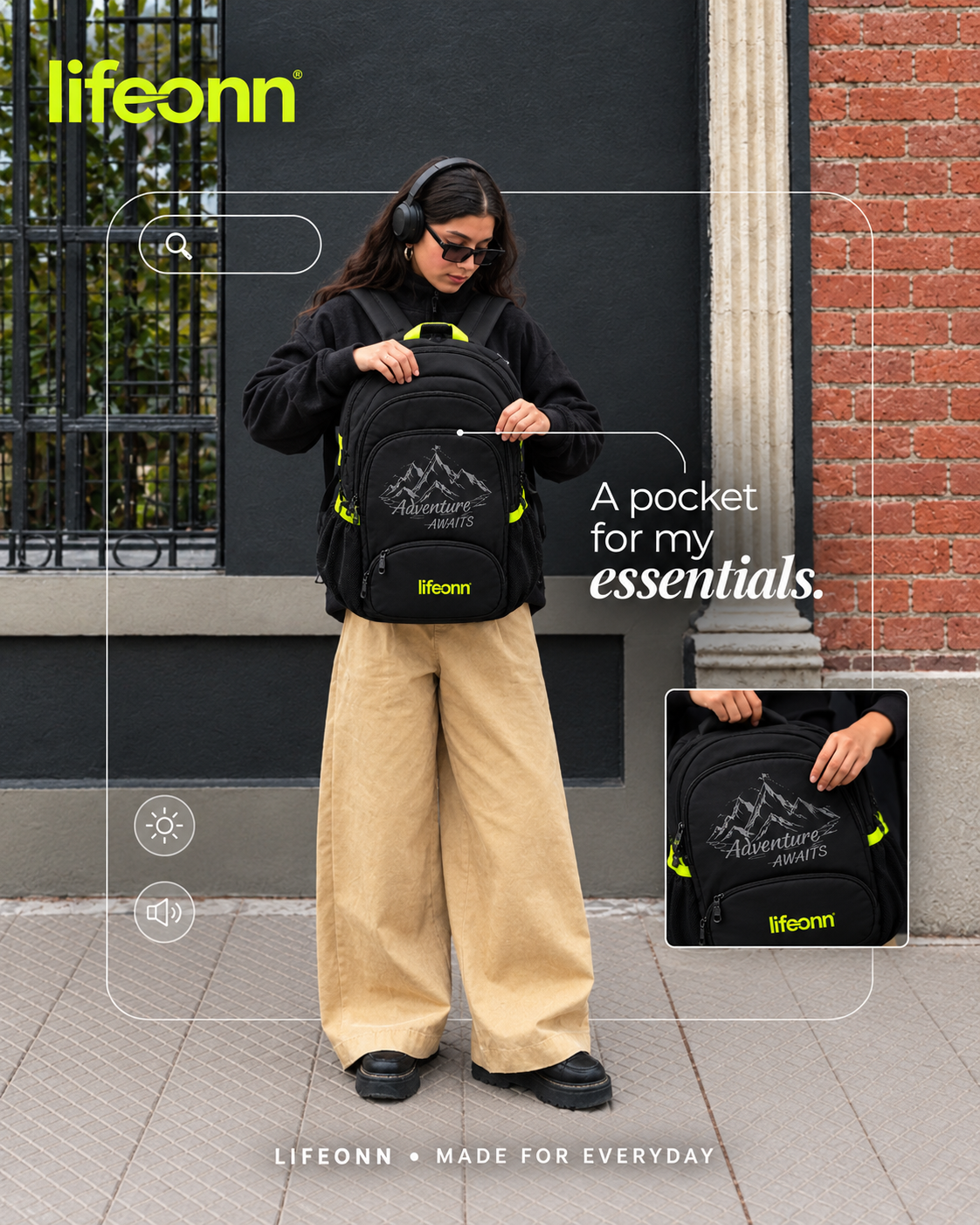 Lifeonn College Backpack – Stylish & Spacious Black Backpack with yellow green Accents