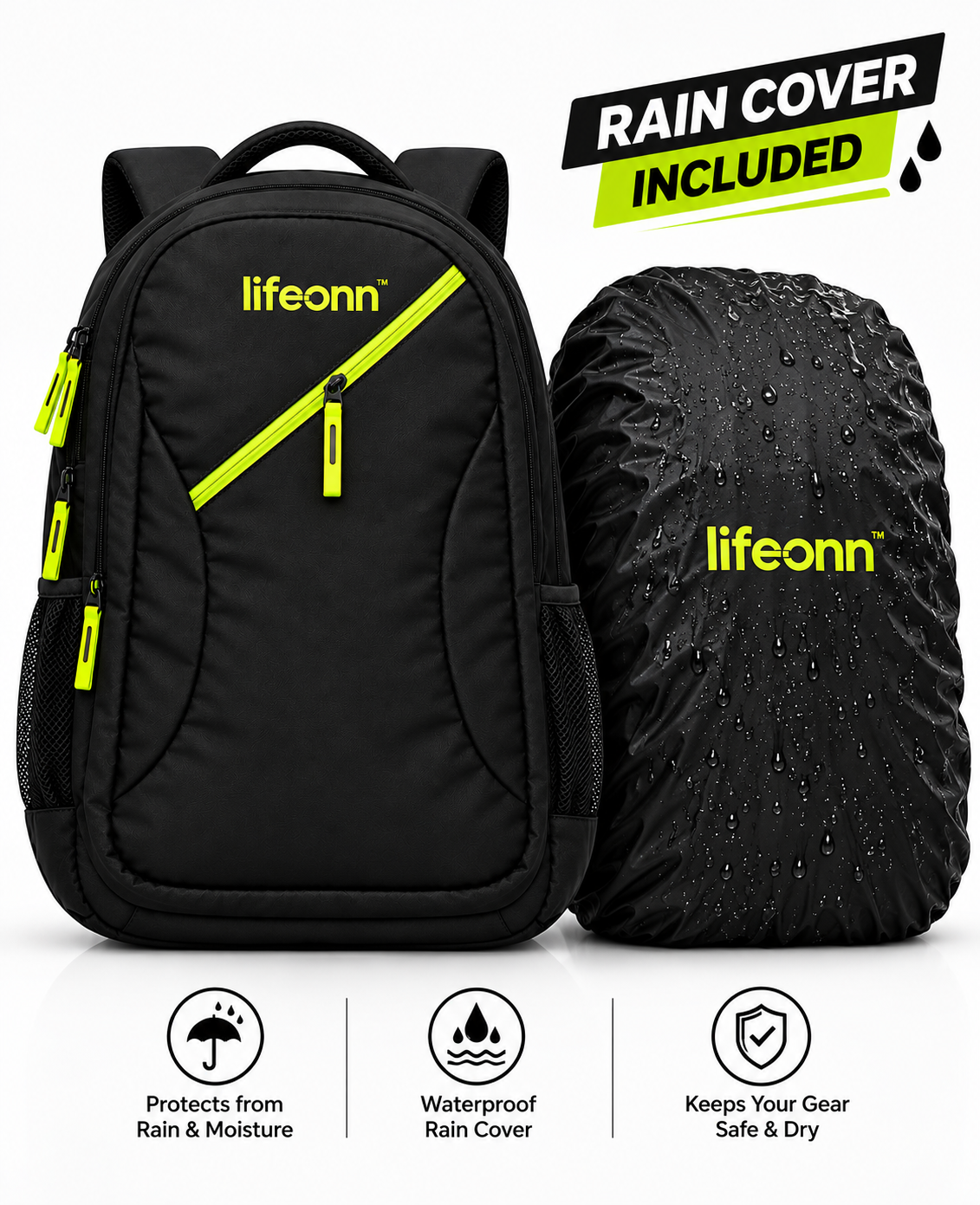 Lifeonn Stylish Laptop Backpack for Men & Women | Black & Neon Green