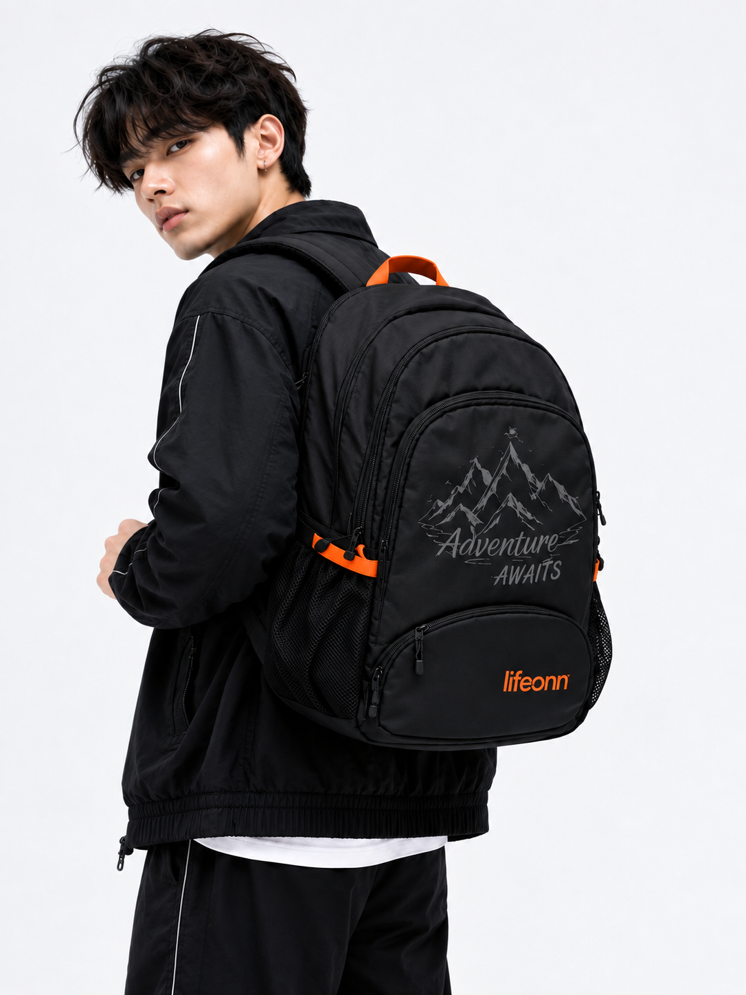 Lifeonn College Backpack – Stylish & Spacious Black Backpack with Orange Accents